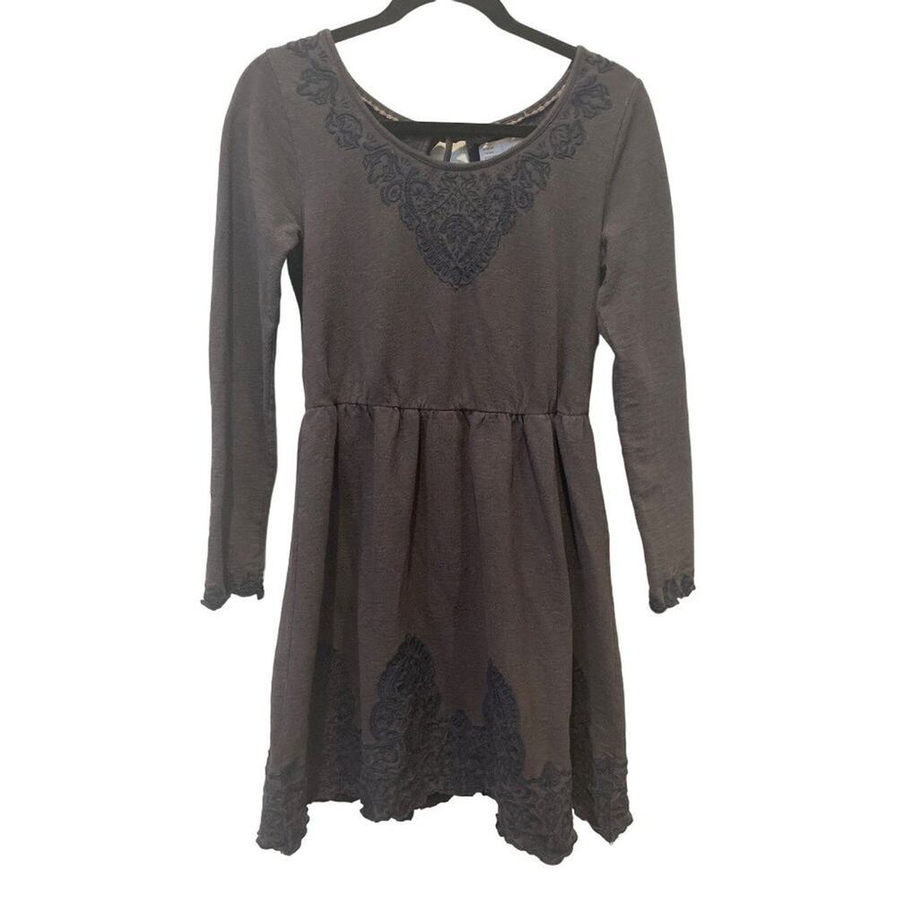 Anthropologie Saturday Sunday Dress Jersey Embroidered Gray Long Sleeve Sz S